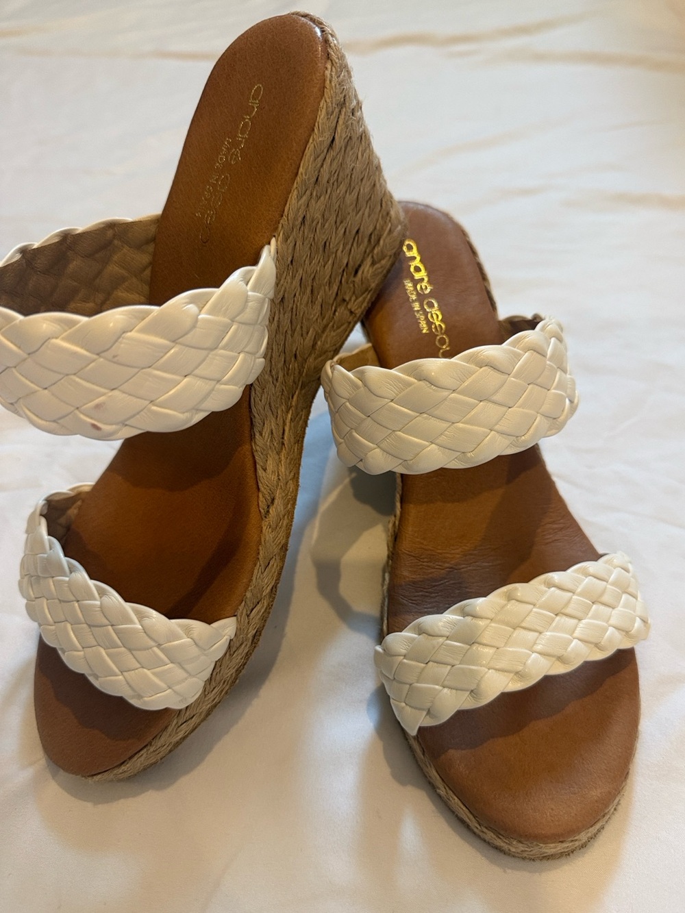 Andre Assous Spain White Braided Leather Double-Strap Espadrille Wedges EU 38